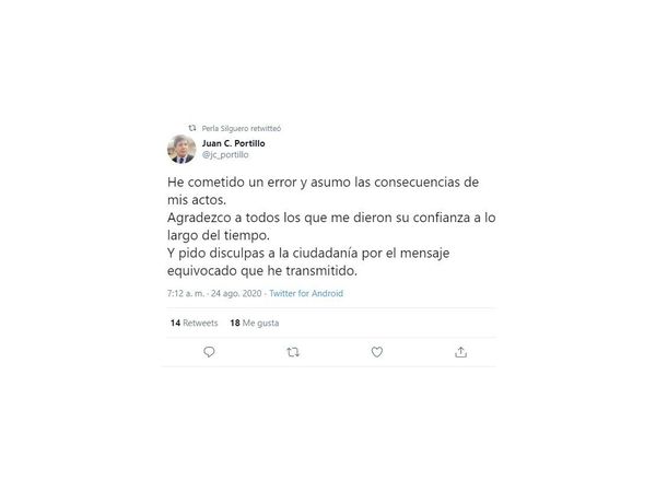 Ex viceministro Portillo pidió disculpas a la ciudadanía