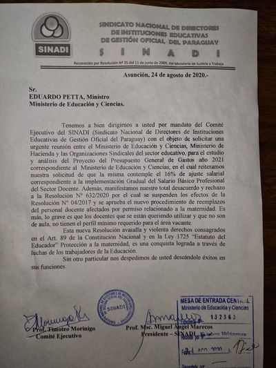 Sinadi propone al MEC reunión urgente para tratar ajuste del 16% en salario de docentes  - Nacionales - ABC Color