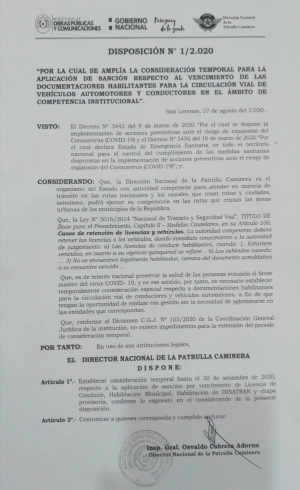Patrulla Caminera no controlará documentos hasta el 30 de setiembre