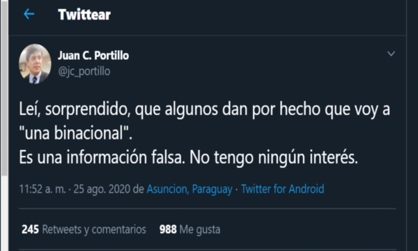 Portillo niega nombramiento en Itaipú