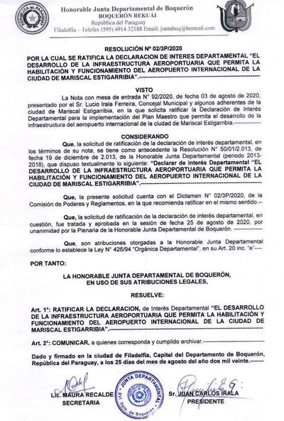 Ratifican declaración de interés para aeropuerto mariscaleño - Nacionales - ABC Color