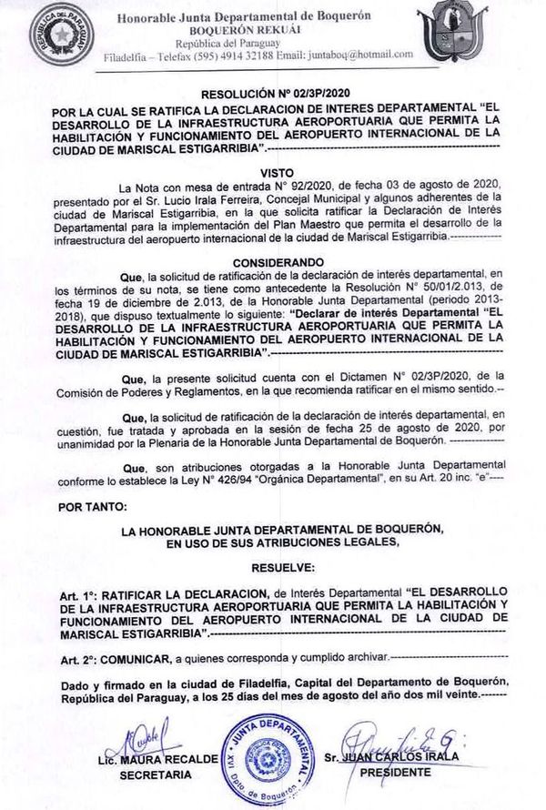 Ratifican declaración de interés para aeropuerto mariscaleño - Nacionales - ABC Color
