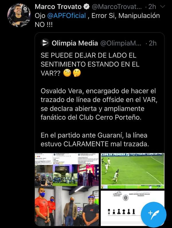 La errónea acusación de Trovato y Olimpia sobre la persona que traza la línea: no estuvo en el Olimpia-Guaraní - Fútbol - ABC Color