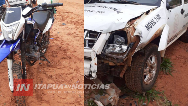 PATRULLA POLICIAL Y MOTOCICLETA COLISIONARON ENTRE SÍ