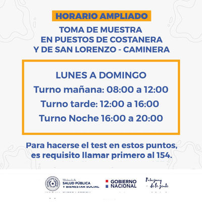 COVID-19: Extienden horario de toma de muestra en la Costanera y la Caminera