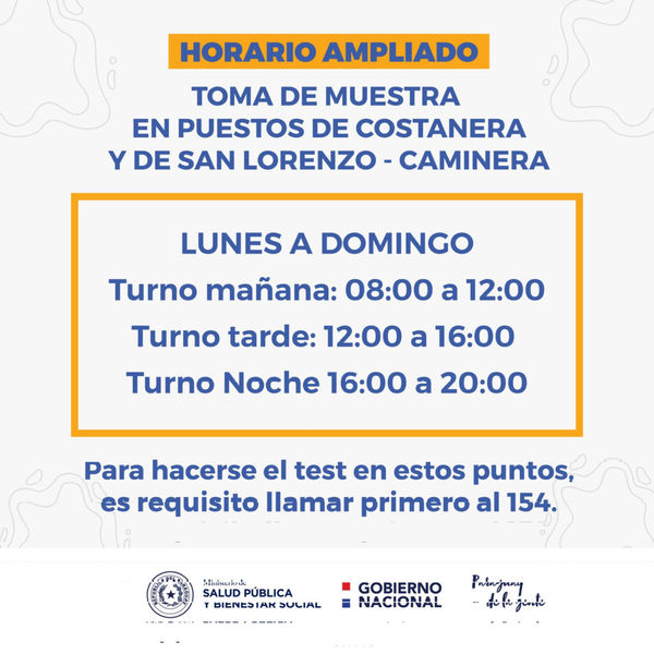 COVID-19: Extienden horario de toma de muestra en la Costanera y la Caminera