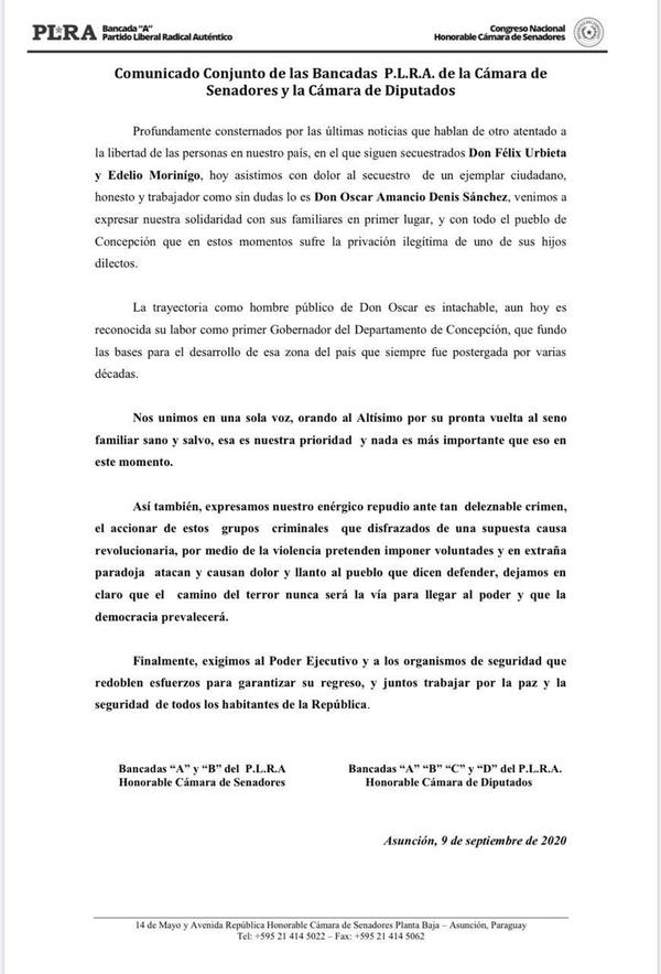 Liberales se solidarizan con familiares de Óscar Denis y piden redoblar esfuerzos para su regreso - ADN Paraguayo