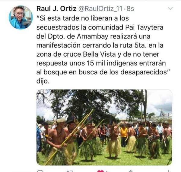 Integrantes de la parcialidad Pãi Tavyterã cerrarán la ruta V y entrarán a buscar a Adelio si los secuestradores no lo liberan en un plazo de 24 horas.