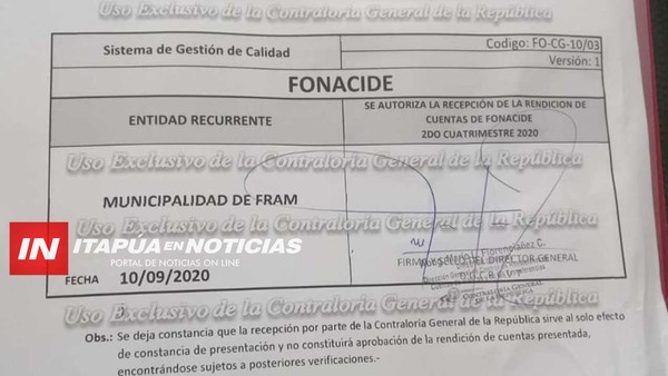 FRAM PRESENTÓ RENDICIÓN DEL 2DO. CUATRIMESTRE ANTE CONTRALORÍA.
