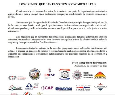 Un total de 48 de gremios se unen para repudiar “actos de terrorismo”  - Nacionales - ABC Color