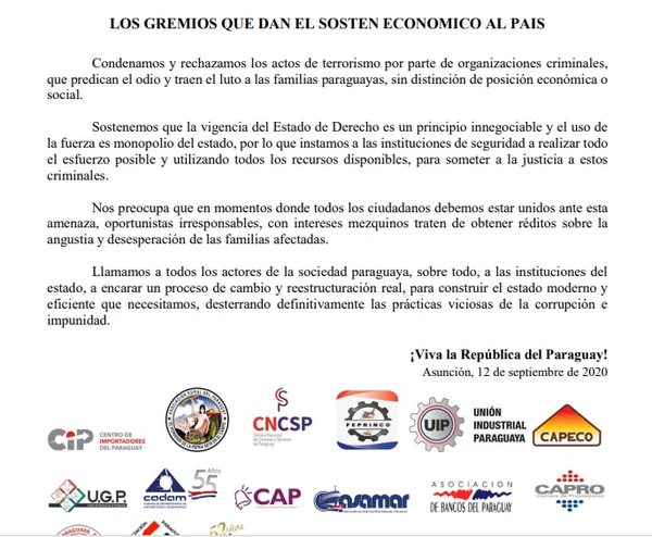 Un total de 48 de gremios se unen para repudiar “actos de terrorismo” - Nacionales - ABC Color