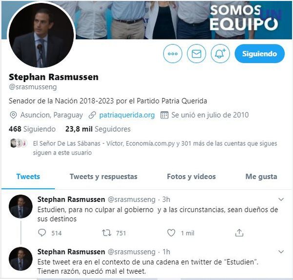 Senador de Patria Querida cuestionado por polémico tweet - Nacionales - ABC Color