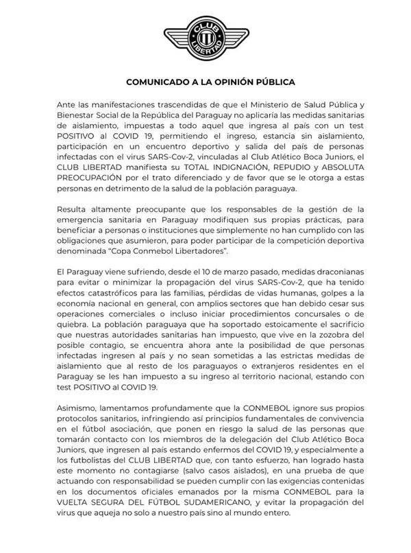 Libertad anuncia medidas judiciales en caso de permitir ingreso de jugadores de Boca - Fútbol - ABC Color