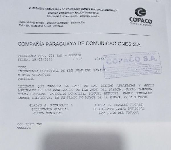 Intendenta de San Juan del Paraná no paga dieta a ediles que rechazaron su ejecución presupuestaria - Nacionales - ABC Color