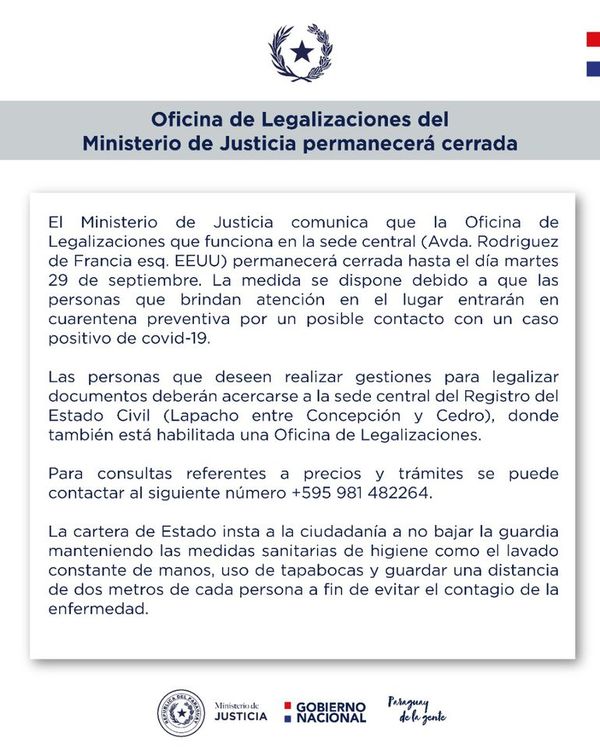 Ministerio de Justicia cierra oficina central de Legalizaciones por sospechas de COVID-19 - Nacionales - ABC Color