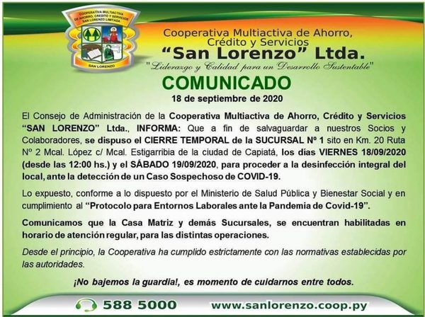 Sucursal de Cooperativa San Lorenzo cerrada por hoy y mañana sábado a causa de caso sospechoso de covid-19 » San Lorenzo PY