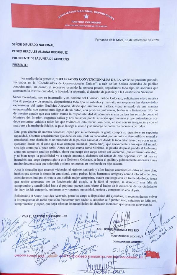 Colorados piden que Euclides ponga cargo a disposición por