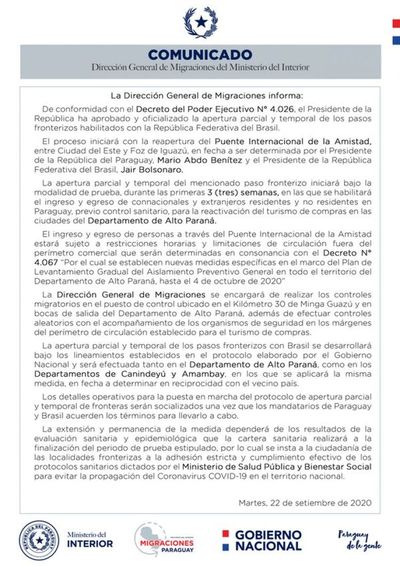 La Dirección General de Migraciones reiteró que los puestos fronterizos con el Brasil en  Amambay también se regirán por el sistema de apertura total