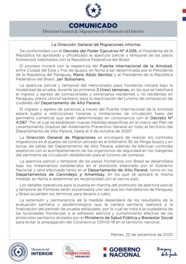 La Dirección General de Migraciones reiteró que los puestos fronterizos con el Brasil en  Amambay también se regirán por el sistema de apertura total