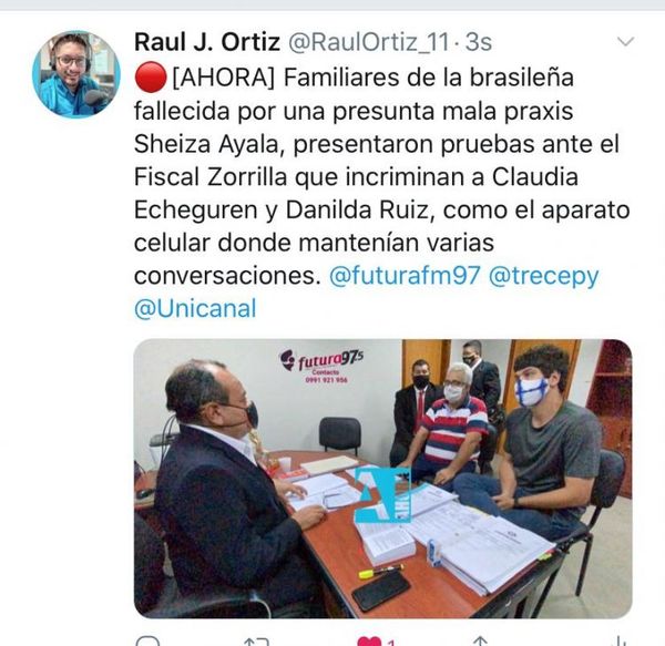 Familiares de la brasileña fallecida por presunta mala Praxis presentaron pruebas ante la fiscalía