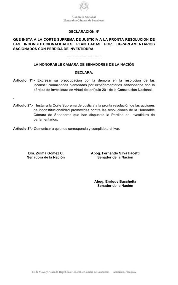 Senadores plantean urgir a la Corte definir postura sobre pérdidas de investidura - Nacionales - ABC Color