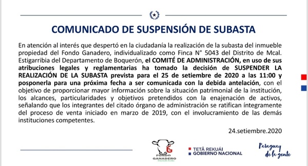 Actualización: Fondo Ganadero pospuso subasta “no es la estancia lo que se vende”