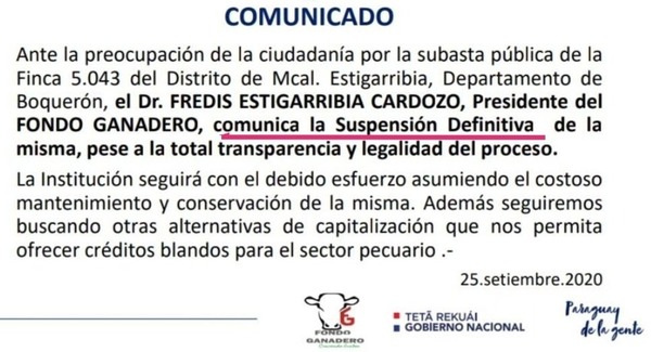 Suspenden de manera «definitiva» remate de estancia La Patria