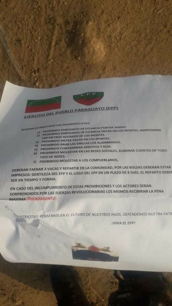 Hallan supuesto panfleto del EPP en San Carlos del Apa