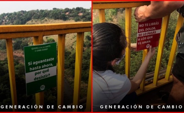 Carteles motivadores contra el suicidio en el Puente Costa Cavalcanti