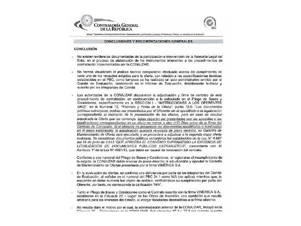 CGR sugiere a Conajzar más rigor técnico en licitación