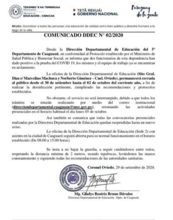 Informan sobre dos casos de Covid-19 en la Dirección Departamental de Educación – Prensa 5