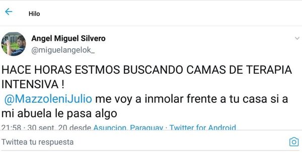 Joven busca terapia para su abuela y amenaza con inmolarse frente a casa de Mazzoleni