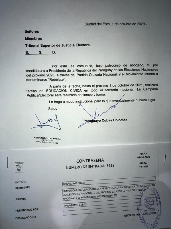 Paraguayo Cubas informó al TSJE su pre-candidatura presidencial con movimiento interno “Rebélate”