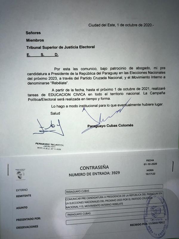 Paraguayo Cubas informó al TSJE su pre-candidatura presidencial con movimiento interno “Rebélate”