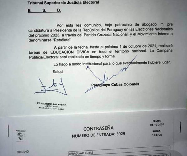 Payo Cubas comunica a la Justicia Electoral su inicio de campaña cívica como candidato – Diario TNPRESS