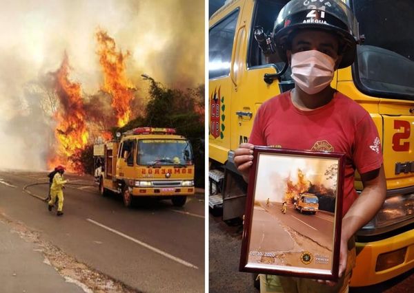 En Areguá, bombero emocionado recibió un cuadro de una impactante foto suya en medio de las llamas - Megacadena — Últimas Noticias de Paraguay