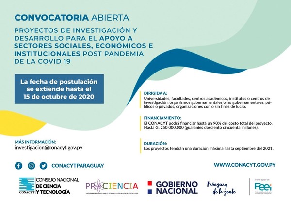Conacyt extiende hasta el 15 de octubre convocatoria a proyectos de investigación y desarrollo pospandemia - ADN Paraguayo