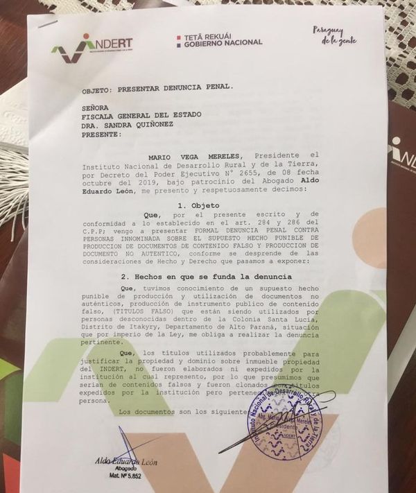 Denuncian falsificaciones de títulos de tierras del Indert por US$ 1 millón - Nacionales - ABC Color