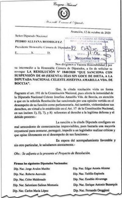 Opositores buscan revocar sanción a diputada liberal