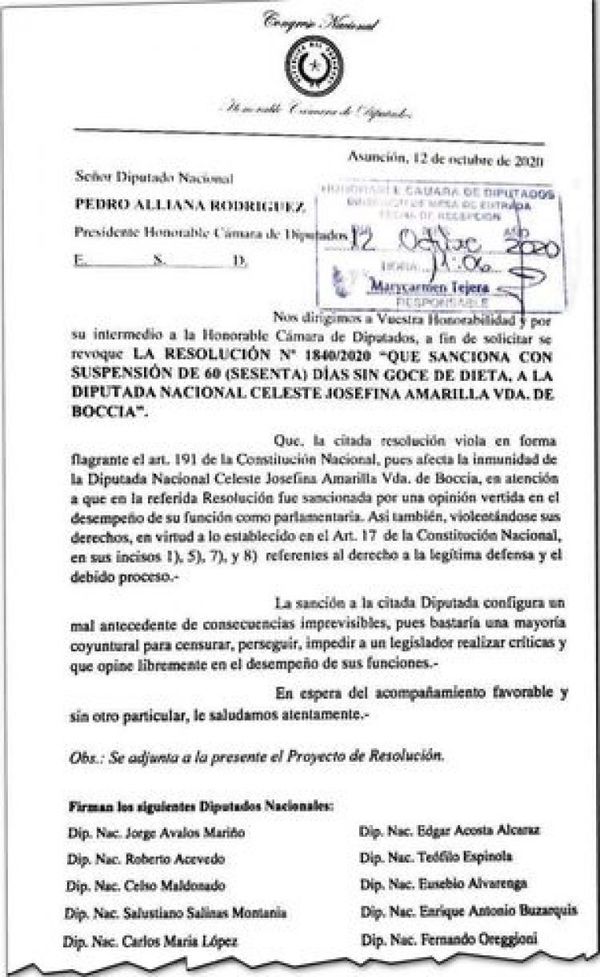 Opositores buscan revocar sanción a diputada liberal