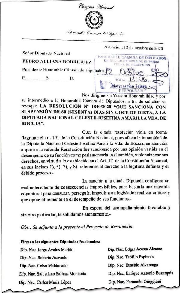 Opositores buscan revocar sanción a diputada liberal - Nacionales - ABC Color