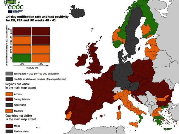 El rojo predomina en Europa, en mapa de restricción de viajes