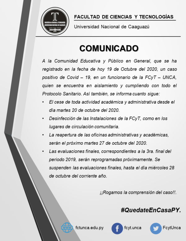 Coronel Oviedo; Informan caso positivo de Covid-19 en funcionario de la FCyT -UNCA – Prensa 5