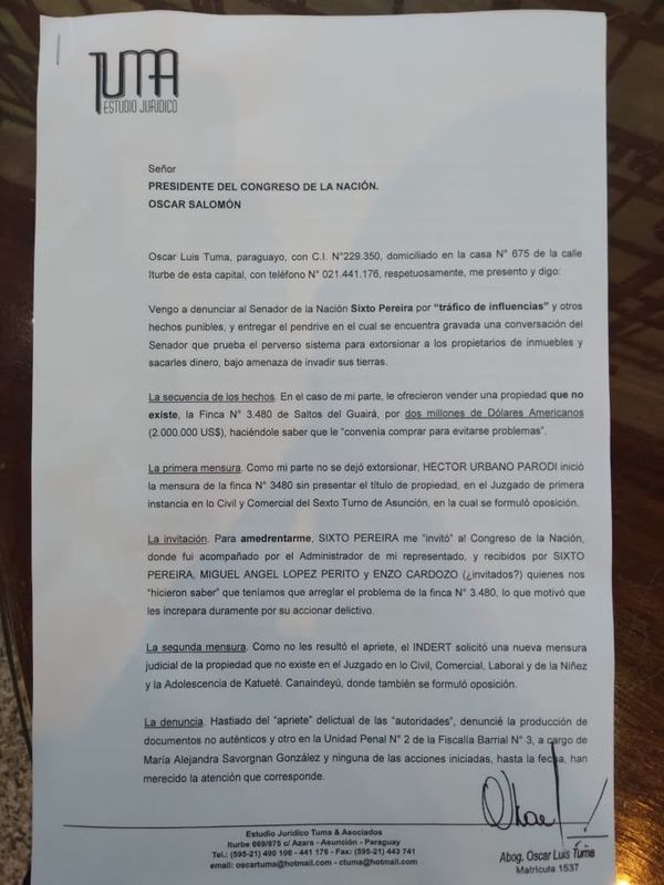 Congreso recibe denuncia contra Sixto Pereira y ya empieza a gestarse pedido de pérdida de investidura - Nacionales - ABC Color