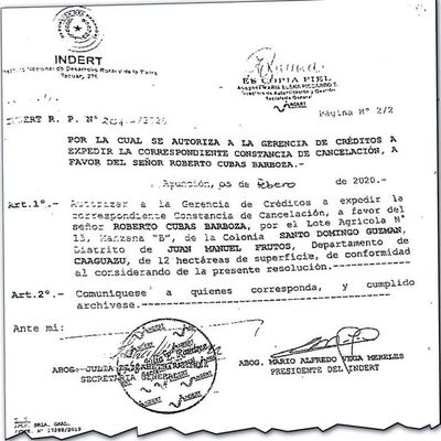 Extitular de Indert cedió valioso lote de  12 Ha. en Caaguazú a familia de político - Nacionales - ABC Color