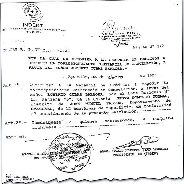 Extitular de Indert cedió valioso lote de  12 Ha. en Caaguazú a familia de político - Nacionales - ABC Color