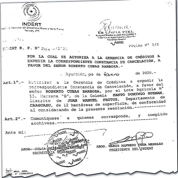 Extitular de Indert cedió valioso lote de 12 Ha. en Caaguazú a familia de político - Nacionales - ABC Color
