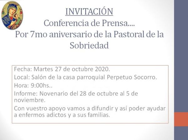 La Pastoral de la Sobriedad invita a una conferencia de prensa por su 7ª aniversario