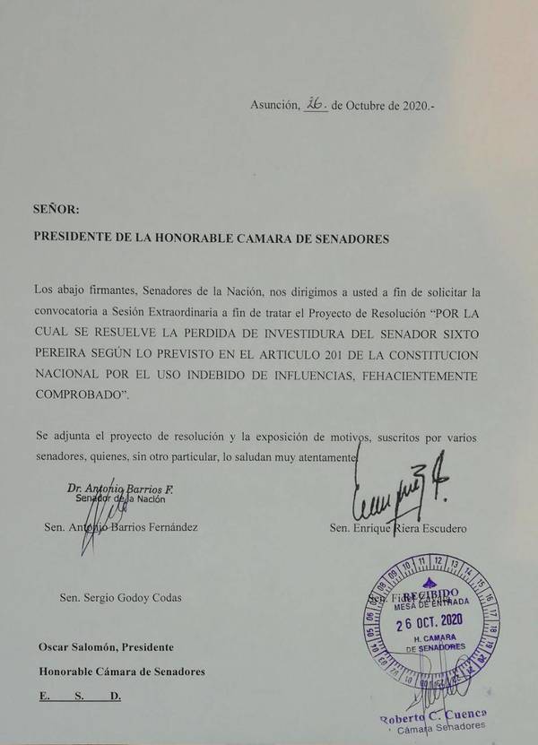 Piden pérdida de investidura del senador Sixto Pereira por “uso indebido de influencias” - ADN Paraguayo