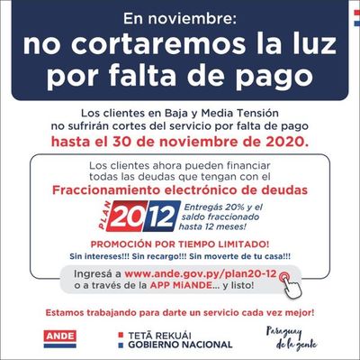 ANDE no hará desconexiones y pone a disposición el fraccionamiento electrónico